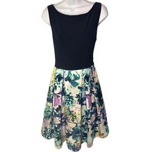 Eliza J Navy & Floral Fit and Flare Dress - Pleated A-Line Skirt - Sz 12
